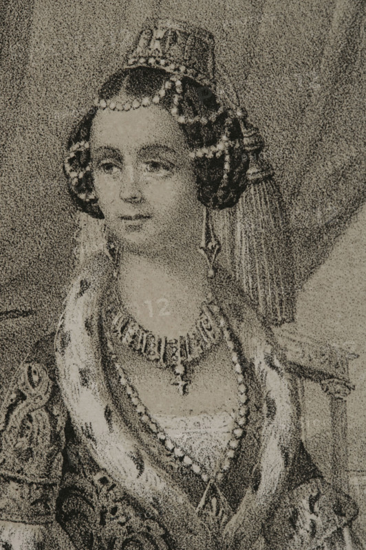 Amalia of Oldenburg (1818-1875). Queen consort of Greece (1832-1862) by her marriage to Otto I (1815-1867). Portrait. Drawing by C. Legrand. Lithography by J. Donon. Detail. ""Reyes Contemporaneos"" (Contemporary Kings). Volume III. Published in Madrid, 1854.