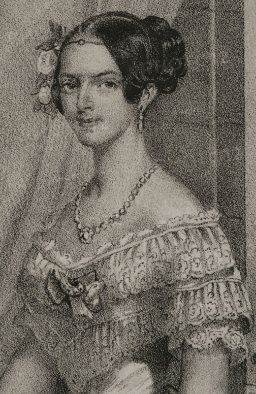 Adelaide of Austria (1822-1855). Austrian Archduchess. Queen consort of Sardinia (1849-1855) by her marriage to King Victor Emmanuel II (1820-1878). Portrait. Drawing by C. Legrand. Lithography by J. Donon. Detail. ""Reyes Contemporaneos"" (Contemporary Kings). Volume III. Published in Madrid, 1854.