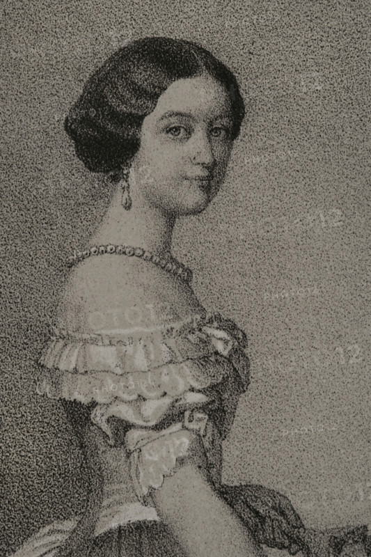 Adelheid-Marie of Anhalt-Dessau (1833-1916). Duchess consort of Nassau (1851-1866) by her marriage in 1851 to Adolphe (1817-1905), Duke of Nassau. Grand duchess Consort of Luxembourg (1890-1905). Portrait of the Duchess of Nassau. Drawing by J. Vallejo. Lithography by J. Donon. Detail. ""Reyes Contemporaneos"" (Contemporary Kings). Volume III. Published in Madrid, 1854.