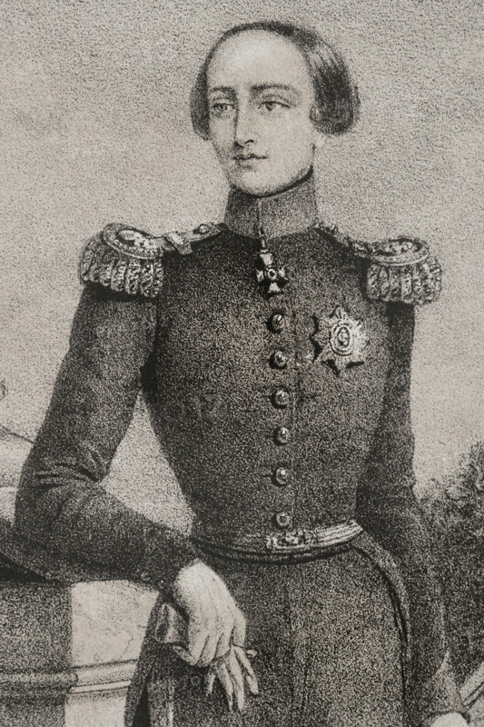 Leopold II of Belgium (1835-1909), whose birth name was Leopold Louis Philippe Maria Victor of Saxe-Coburg-Gotha. King of Belgium (1865-1909). Portrait as young, as heir to the throne. Drawing by C. Legrand. Lithography. Detail. ""Reyes Contemporaneos"" (Contemporary Kings). Volume III. Published in Madrid, 1854.