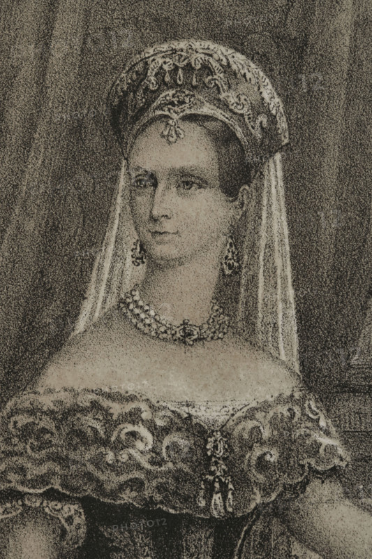 Charlotte of Prussia (1798-1860). Empress consort of Russia (1825-1855) as Alexandra Fyodorovna, by marriage to Tsar Nicholas I (1796-1855). Portrait. Drawing by C. Legrand. Lithography by J. Donon. Detail. ""Reyes Contemporaneos"" (Contemporary Kings). Volume III. Published in Madrid, 1854.