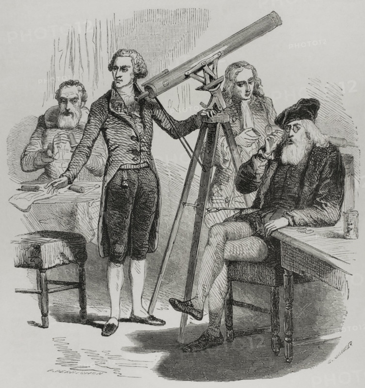 Astrology and astronomy. Zacharias Janssen (1585-1632) and his lenses, Galileo Galilei (1564-1642) and his glasses, Isaac Newton (1642-1727) and William Herschel (1738-1822) with their telescopes. Drawing by G. Janet. Engraving by P. Perrichon. ""Los Heroes y las Grandezas de la Tierra"" (The Heroes and the Grandeurs of the Earth). Volume VIII. 1856.