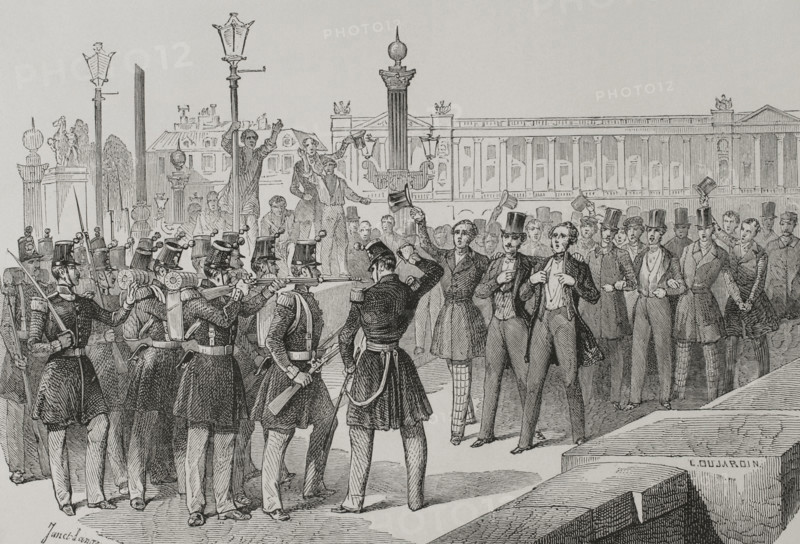 French Revolution of 1848. Popular uprising in Paris from 23 to 25 February 1848, led by workers and students, who were joined by the National Guard. As a result, and to avoid bloodshed, King Louis Philippe I (1773-1850), besieged in the Tuileries, abdicated on the 24th in favour of his grandson, Prince Philippe of Orleans (1838-1894), Count of Paris. Students on the Pont de la Concorde in front of the troops. The undecided army. Drawing by Janet-Lange. Engraving by Dujardin. ""Los Heroes y las Grandezas de la Tierra"" (The Heroes and the Grandeurs of the Earth). Volume VIII. 1856.