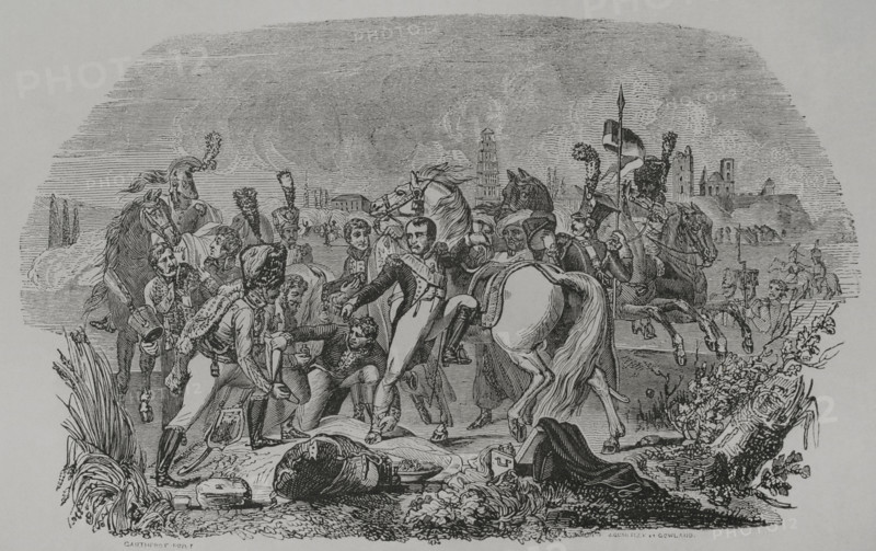 Napoleonic Wars. Battle of Ratisbon or Battle of  Regensburg (April 23, 1809). Napoleon's French troops defeated the Austrian army led by Archduke Charles. Napoleon was slightly wounded by a shot to the ankle. Napoleon wounded in front of Regensburg. Engraving by J. Quartley after a painting by Pierre Gautherot. ""Los Heroes y las Grandezas de la Tierra"" (The Heroes and the Grandeurs of the Earth). Volume VIII. 1856.