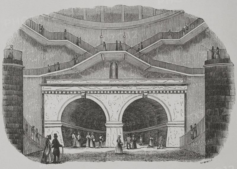 London, England. Thames Tunnel. Gallery crossing under the River Thames, connecting the boroughs of Rotherhithe and Wapping. It was built between 1825 and 1843 by Marc Brunel (1769-1849) and his son Isambard Kingdom Brunel (1806-1859). Opened on 25 March 1843. Wapping entrance. Engraving by Cabanach. ""Los Heroes y las Grandezas de la Tierra"" (The Heroes and the Grandeurs of the Earth). Volume VIII. 1856.