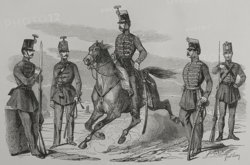 Hungarian Cavalry and Infantry in 1849. Engraving by Janet Lange. ""Los Heroes y las Grandezas de la Tierra"" (The Heroes and the Grandeurs of the Earth). Volume VIII. 1856.
