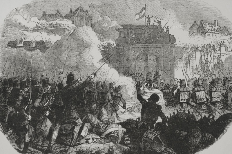 Hungarian Revolution of 1848 (15 March 1848-4 October 1849). Siege of Buda (4 to 21 May 1849). General Heinrich Hentzi (1785-1849) mounted a defence on the Buda side of the Danube River in April 1849, locating his headquarters in Buda Castle after the Austrian evacuation of Pest. Hentzi managed to resist the Hungarian siege for over a month, refusing to surrender out of loyalty to Kaiser Franz Joseph I of Austria. At the end of May, Hungarian troops under General Artur Gorgey (1818-1916) stormed Buda and its castle. Hungarians seize Buda. Engraving. ""Los Heroes y las Grandezas de la Tierra"" (The Heroes and the Grandeurs of the Earth). Volume VIII. 1856.