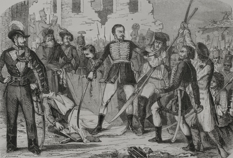 Hungarian Revolution of 1848 (15 March 1848-4 October 1849). General Heinrich Hentzi (1785-1849) mounted a defence on the Buda side of the Danube River in April 1849, locating his headquarters in Buda Castle after the Austrian evacuation of Pest. Hentzi managed to resist the Hungarian siege for over a month, refusing to surrender out of loyalty to Kaiser Franz Joseph I of Austria. At the end of May, Hungarian troops under General Artur Gorgey (1818-1916) stormed Buda and its castle. Death of General Hentzi on 21 May 1849. Engraving by Trichon. ""Los Heroes y las Grandezas de la Tierra"" (The Heroes and the Grandeurs of the Earth). Volume VIII. 1856.