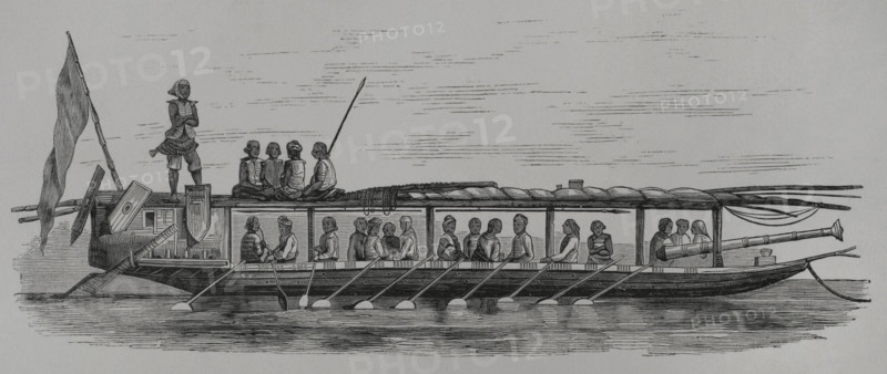 Illanoan Pirates from Tampassook, Borneo. Engraving after the original by Samuel Francis Marryat (1826-1855). ""Los Heroes y las Grandezas de la Tierra"" (The Heroes and the Grandeurs of the Earth). Volume VIII. 1856.