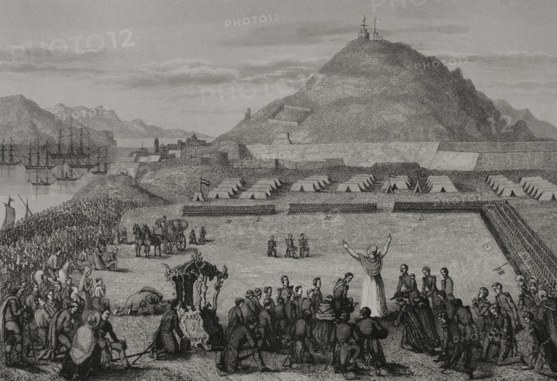 Liberal revolutions of 1848. In 1848 troops led by Garibaldi and Mazzini occupied the Vatican. On 24 November 1848, with the help of the Spanish, French and Bavarian ambassadors, Pope Pius IX (1792-1878) fled Rome, taking refuge in the Neapolitan fortress of Gaeta in the Kingdom of the Two Sicilies. On 18 February 1849, after the declaration of the Roman Republic on 9 February, the Pope asked for military aid from Spain, France, Austria and Naples. The Spanish government under Narvaez ordered General Cordoba to send troops as a matter of urgency. After disembarking in the port of Gaeta on 28 May 1849, Pius IX reviewed the troops and imparted his blessing. Pope Pius IX blesses the Spanish troops which come to his aid on the coast of Gaeta. Engraving by A. Roca. ""Los Heroes y las Grandezas de la Tierra"" (The Heroes and the Grandeurs of the Earth). Volume VIII. 1856.
