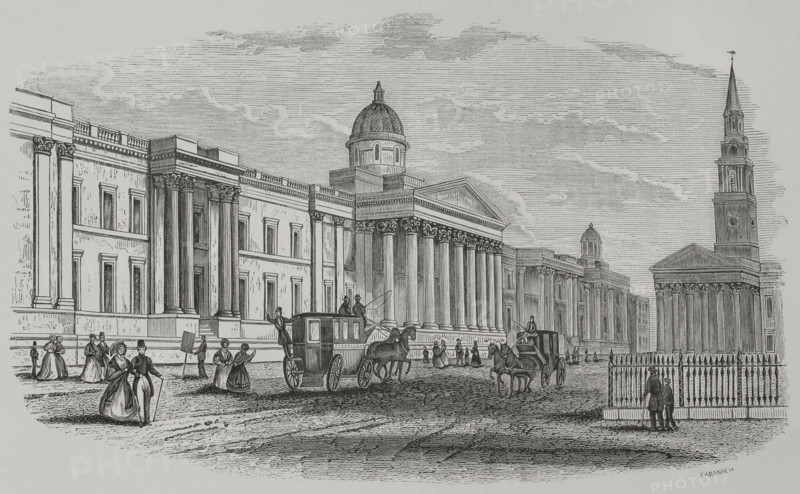 London, England. The National Gallery. The building was designed by the architect William Wilkins (1778-1839) between 1832 and 1838, on the site of the former Royal Mews at Charing Cross. Engraving by Cabanach. ""Los Heroes y las Grandezas de la Tierra"" (The Heroes and the Grandeurs of the Earth). Volume VIII. 1856.
