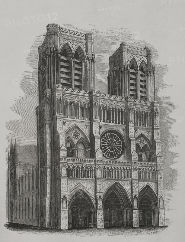 Paris, France. Notre-Dame. View of the main facade before the restoration commissioned to Jean-Baptiste-Antoine Lassus and Eugene Viollet-le-Duc in 1843. Engraving. ""Los Heroes y las Grandezas de la Tierra"" (The Heroes and the Grandeurs of the Earth). Volume VIII. 1856.