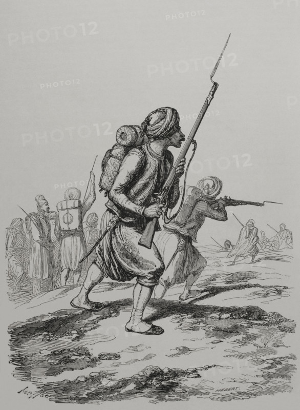 Crimean War (1853-1856). The Zouaves in the Crimea. Infantry regiments of the French army whose members were originally from Algeria. Engraving. ""Los Heroes y las Grandezas de la Tierra"" (The Heroes and the Grandeurs of the Earth). Volume VIII. 1856.