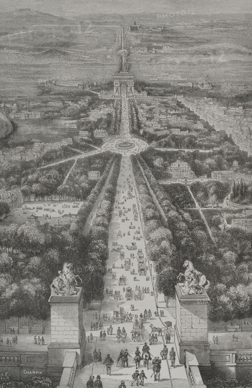 Paris, France. The Champs-elysees. Engraving. ""Los Heroes y las Grandezas de la Tierra"" (The Heroes and the Grandeurs of the Earth). Volume VIII. 1856.