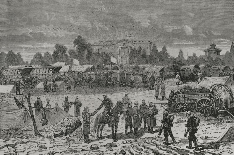 Russo-Turkish War (1877-1878). On 24 April 1877 Russia declared war on the Ottoman Empire and its troops crossed Romanian territory. Russian luggage fleet in Baniasa. Engraving. ""La Guerra de Oriente"" (The Russo-Turkish War). Volume II. 1877.