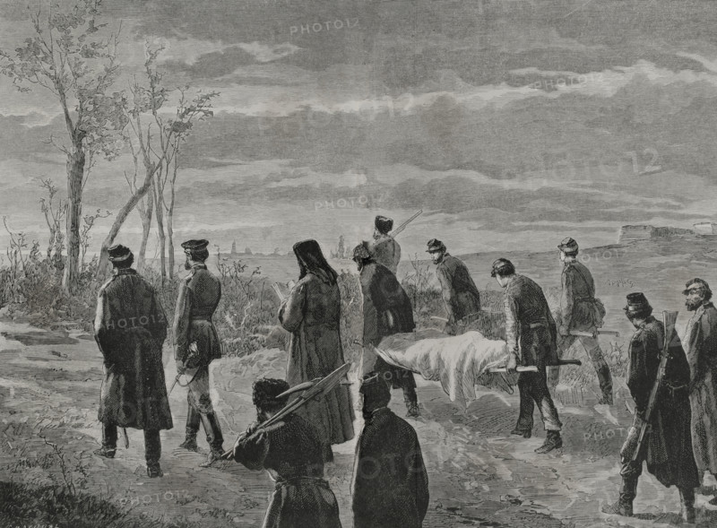 Russo-Turkish War (1877-1878). Siege of Plevna (20 July to 10 December 1877). Combats that took place between the joint army of Russia and the Kingdom of Romania against that of the Ottoman Empire. Burial of two soldiers in the Russian camp opposite Plevna. ""La Guerra de Oriente"" (The Russo-Turkish War). Volume II. 1877.
