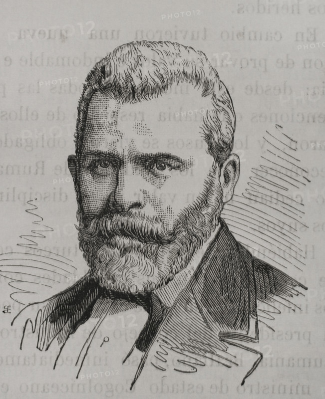 Zankoff. Governor of the city of Svishtov, one of the chief leaders of the rebel government formed after the kidnapping of Prince Alexander of Battenberg (1857-1893). It was the first Ottoman city to be liberated, with the help of Russia, during the Russo-Turkish War (1877-1878), becoming a territory of the autonomous Principality of Bulgaria. Portrait. Engraving. ""La Guerra de Oriente"" (The Russo-Turkish War). Volume II. 1877.
