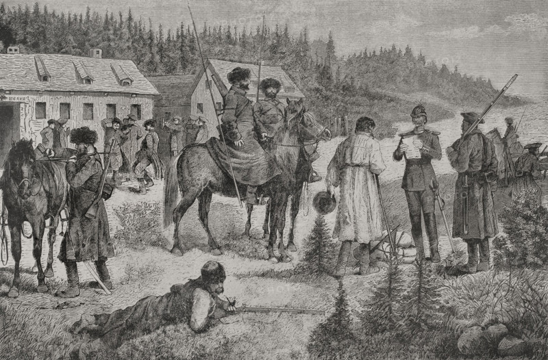 Russo-Turkish War (1877-1878). Russian troop post. Engraving. ""La Guerra de Oriente"" (The Russo-Turkish War). Volume II. 1877.
