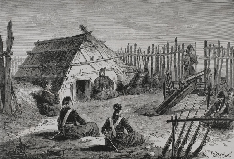 Russo-Turkish War (1877-1878). Turkish troop post on the Danube shores. Engraving by Charles Baude. ""La Guerra de Oriente"" (The Russo-Turkish War). Volume II. 1877.