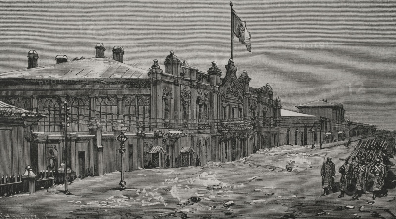 Russo-Turkish War (1877-1878). Bessarabia. The quarters of the grand duke Nicholas (1831-1891), commander-in-chief in Chisinau (formerly known as Kishinev). Engraving. ""La Guerra de Oriente"" (The Russo-Turkish War). Volume II. 1877.