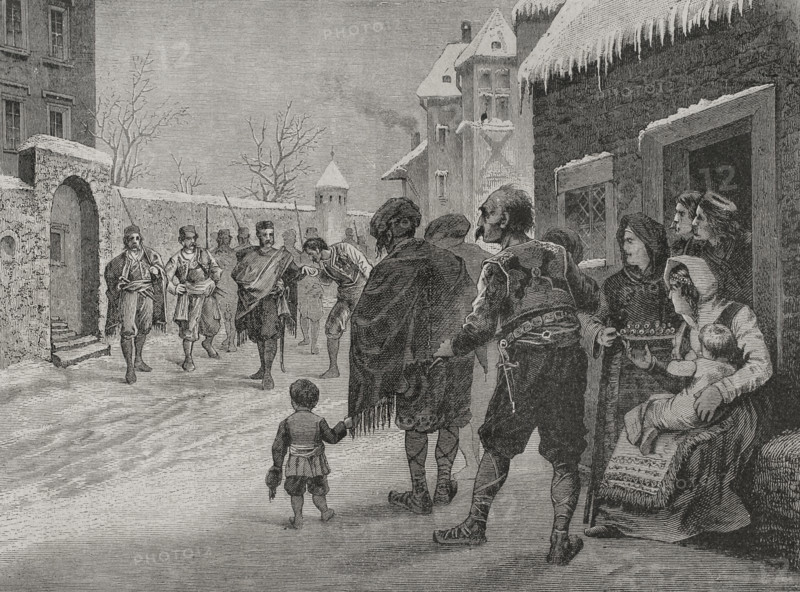 The Eastern Question. Serbian–Ottoman Wars (1876-1878). Serbia declared war on the Ottoman Empire on June 30, 1876. Arrival of a Serbian group of volunteers in a village. Engraving. ""La Guerra de Oriente"" (The Russo-Turkish War). Volume II. 1877.