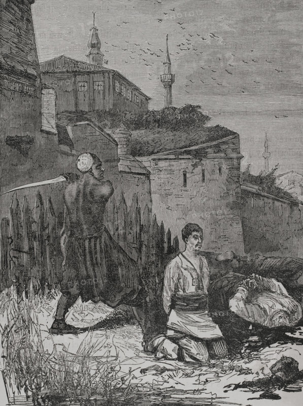 The Eastern Question. Serbian-Turkish Wars (1876-1878). Serbia declared war on the Ottoman Empire on June 30, 1876. The April Uprising of 1876 was experienced with strong repression by the Turkish authorities in Bulgaria. Execution of Bulgarian insurgents in Vidin. Engraving. ""La Guerra de Oriente"" (The Russo-Turkish War). Volume II. 1877.