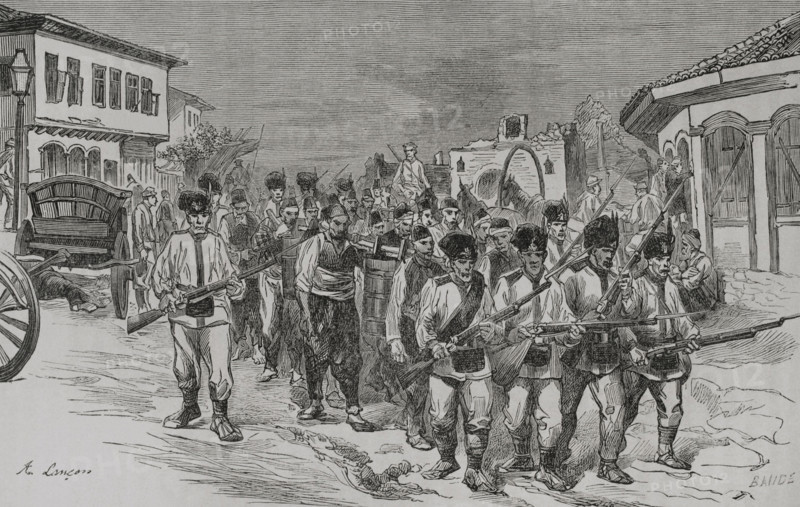 Russo-Turkish War (1877-1878). Nikopol. Transport of water to the Russian camp by Turkish prisoners, under surveillance by Romanian soldiers. Engraving. ""La Guerra de Oriente"" (The Russo-Turkish War). Volume II. 1877.