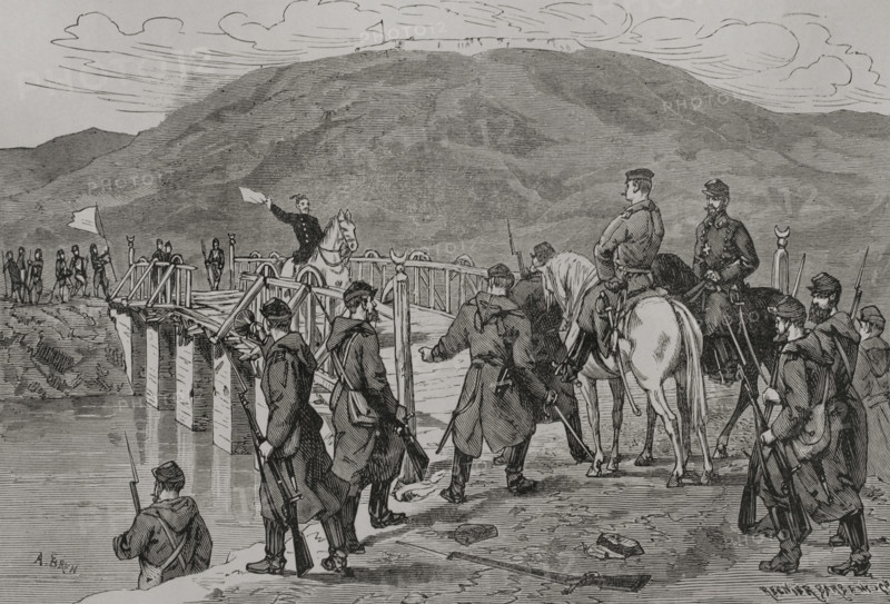 Russo-Turkish War (1877-1878). Siege of Plevna (20 July to 10 December 1877). Combats that took place between the joint army of Russia and the Kingdom of Romania against that of the Ottoman Empire. Surrender of the Turkish army at Plevna. The Turks asked for a parley by sending an officer with a white flag to present a series of proposals to the Russian general commanding the troops, General Ganetsky (1810-1877). Russian general Strukov receives Turkish negotiator at the Vid River bridge. Engraving by A. Brun. ""La Guerra de Oriente"" (The Russo-Turkish War). Volume III. 1878.