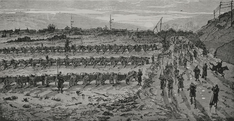 Russo-Turkish War (1877-1878). Surrender of the Plevna army. The Turkish army was being defeated by the Russians. The seventy-seven cannons taken from the Turks on the Plevna plain by the Sofia road. Engraving. ""La Guerra de Oriente"" (The Russo-Turkish War). Volume III. 1878.