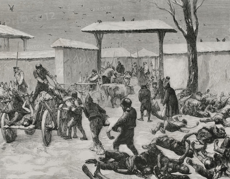 Russo-Turkish War (1877-1878). Siege of Plevna (20 July to 10 December 1877). Combats that took place between the joint army of Russia and the Kingdom of Romania against that of the Ottoman Empire. Recovering the dead after the siege. ""La Guerra de Oriente"" (The Russo-Turkish War). Volume III. 1878.