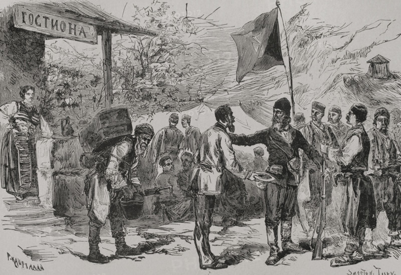 The Eastern Question. Serbian–Ottoman Wars (1876-1878). Serbia declared war on the Ottoman Empire on June 30, 1876. Serbia. Organisation of insurgent groups. Drawing by P. Kauffmann. Engraving by Smeeton Tilly. ""La Guerra de Oriente"" (The Russo-Turkish War). Volume III. 1878.