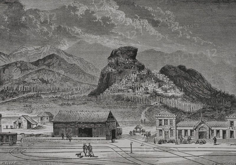 Bulgaria. General view of Philippopolis (Plovdiv). Drawing by H. Scott. Engraving by Daudenarde. ""La Guerra de Oriente"" (The Russo-Turkish War). Volume III. 1878.