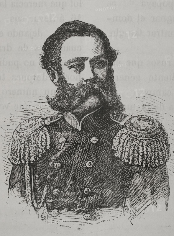 Prince Mossalsky. Russian general. Commander-in-chief of artillery of the Danube Army. Russo-Turkish War (1877-1878). Portrait. Engraving. ""La Guerra de Oriente"" (The Russo-Turkish War). Volume III. 1878.