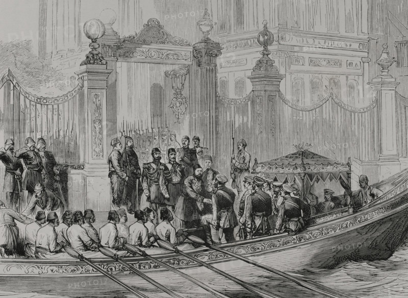 Russo-Turkish War (1877-1878). Constantinople. Visit of the Grand Duke Nicholas (1831-1891) to the Sultan. Ahmed Vefyk Pasha (1823-1891) and Raouf Pasha receiving him at Dolma Bagtche Palace. Engraving. ""La Guerra de Oriente"" (The Russo-Turkish War). Volume III. 1878.