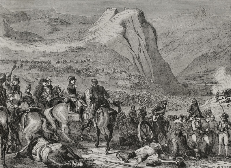 French Revolutionary Wars. War of the First Coalition (1792-1797). Italian campaign. Battle of Rivoli (14 January 1797). The French army under Napoleon Bonaparte defeated the Austrian forces. Drawing by Philippoteaux. Engraving by Launay-Marchand. ""History of the French Revolution"". Volume I, 2nd part, 1879.