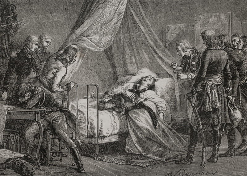 Lazare Hoche (Louis Lazare Hoche) (1768-1797). French general of the French Revolutionary Wars. Death of General Hoche in Wetzlar, due to tuberculosis, on 19 September 1797. Drawing by Philippoteaux. Engraving. ""History of the French Revolution"". Volume I, 2nd part, 1879.