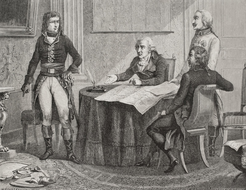 Treaty of Campo Formio. Signed on 17 October 1797 at Villa Manin (Passariano, Italy), by Martius Mastrilli, Louis Cobenzl, Maximilian Mervelot and Ignatius Degelmann, as Austrian representatives, and Napoleon Bonaparte as representative of the French Directory. It marked the end of the First Coalition, with the victory of Napoleon's campaigns in Italy. France gained territories belonging to the Austrians. Negotiations between Count Cobenzl and Napoleon Bonaparte. Drawing by H. Rousseau. Engraving by Meyer-Heine. ""History of the French Revolution"". Volume I, 2nd part, 1879.