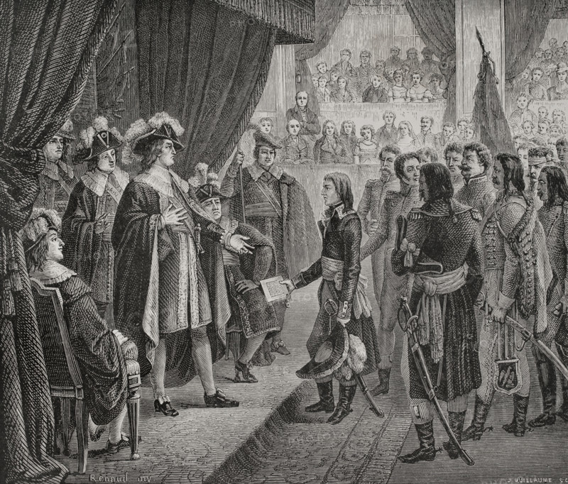 First French Republic. French Directory (1795-1799). Napoleon Bonaparte presenting to the Directory the Treaty of Campo Formio, signed on 17 October 1797 (26 Vendemiaire VI of the French Republic), which ended the War of the First Coalition (1792-1797) on Italian territory. Drawing by Renaud. Engraving by J. Guillaume. ""History of the French Revolution"". Volume I, 2nd part, 1879.