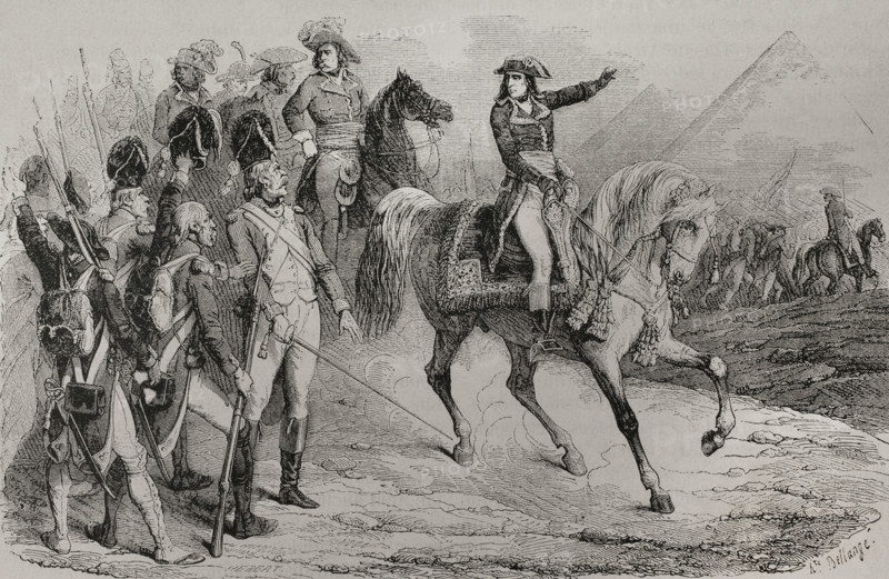 Napoleonic Wars. French Invasion of Egypt (1798-1801). Battle of the Pyramids (21 July 1798). The French army under Napoleon Bonaparte defeated the local Mamluk troops. Napoleon: ""Soldiers, from the top of the pyramids forty centuries are contemplating you!"" Drawing by Bellange. Engraving. ""History of the French Revolution"". Volume I, 2nd part, 1879.