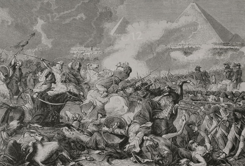 Napoleonic Wars. French Invasion of Egypt (1798-1801). Battle of the Pyramids (21 July 1798). The French army under Napoleon Bonaparte defeated the local Mamluk troops. Charge of the Mamluks at the Battle of the Pyramids. Engraving by Pontenier. ""History of the French Revolution"". Volume I, 2nd part, 1879.