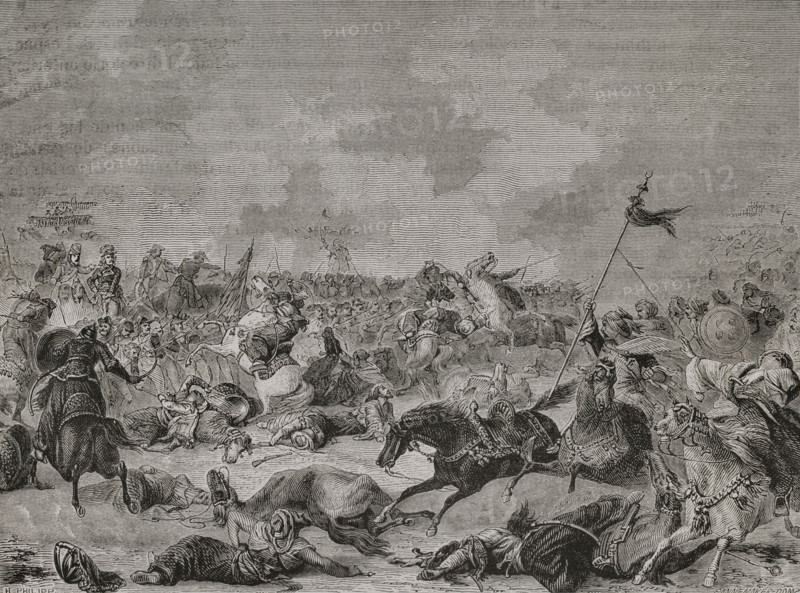 Napoleonic Wars. French Campaign in Egypt and Syria (1798-1801). Battle of Mount Tabor (16 April 1799). Forces of the French Army of the West, commanded by General Jean-Baptiste Kleber, were attacked by an Ottoman military contingent led by Ahmed Bajah, governor of Damascus. General Junot came from Nazareth to join Kleber. So did Napoleon from Acre, causing the Ottomans to flee. Engraving by Pannemaker. ""History of the French Revolution"". Volume I, 2nd part, 1879.