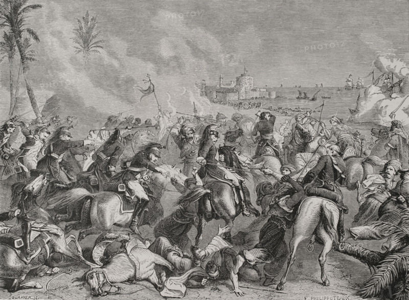 Napoleonic Wars. French Campaign in Egypt and Syria (1798-1801). Battle of Abukir (25 July 1799). Napoleon Bonaparte defeated the Ottoman army of Mustafa Pasha, preventing it from reconquering Egypt. Drawing by Philippoteaux. Engraving by Jahyer. ""History of the French Revolution"". Volume I, 2nd part, 1879.