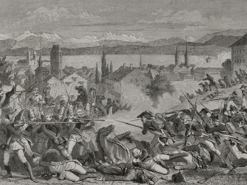 French Revolutionary Wars. Second Coalition (1709-1802). ""Battle of Zurich"". French troops under the command of General Andre Massena (1758-1817) fought against the Austrian troops of Archduke Charles in a first battle between 4 and 6 June 1799, ceding the city of Zurich to the Austrians. In a second battle near Zurich on 25-26 September 1799, Massena's army defeated a Russian-Austrian combined force under General Aleksandr Korsakov (1753-1840). Russia left the Second Coalition. Drawing by Philippoteaux. Engraving. ""History of the French Revolution"". Volume I, 2nd part, 1879.