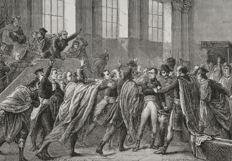 History of France. Coup d'etat of 18 Brumaire (9 November 1799). It ended the Directory (1795-1798) to make way for the Consulate, with Napoleon Bonaparte (1769-1821) as leader. Napoleon on the 18th Brumaire in the Council of Five Hundred, the chamber of legislative power during the Directory. Drawing by Philippoteaux. Engraving by Perrichon. ""History of the French Revolution"". Volume I, 2nd part, 1879.