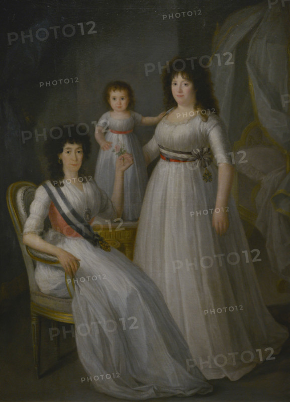 Agustin Esteve Marques (1753-1820). Spanish painter. The Countess-Duchess of Benavente (?), accompanied by Mercedes de Rojas y Tello (standing), future Marchioness of Villanueva de Duero, and her Daughter, Maria Asuncion, ca. 1797. Oil on canvas, 198,5 x 145,5 cm. Prado Museum. Madrid. Spain.