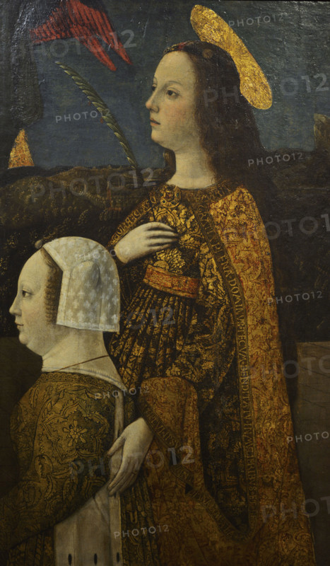 Bona of Savoy (1449-1503). Duchess of Milan as the second wife of Galeazzo Maria Sforza (1444-1476), Duke of Milan. Regent of Milan between 1476 and 1481, during the minority of her son Gian Galeazzo Sforza (1469-1494). Bona of Savoy presented by a Holy Martyr, 1471-1472. Portrait by a Lombard painter. Tempera on wooden panel transferred to canvas. Pinacoteca Castello Sforzesco, Milan, Italy.