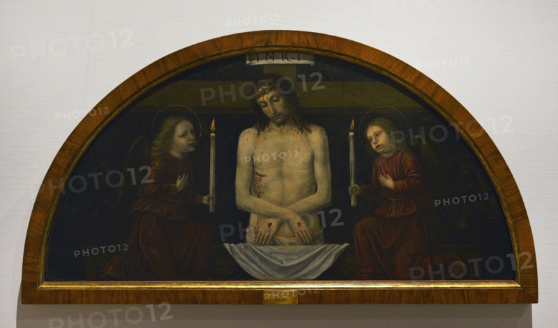 Ambrogio da Fossano, called Bergognone (1453-1523). Italian Renaissance painter. Pieta of Christ between two angels, 1488-1490. Tempera on wooden panel transferred to canvas. Pinacoteca Castello Sforzesco, Milan, Italy.