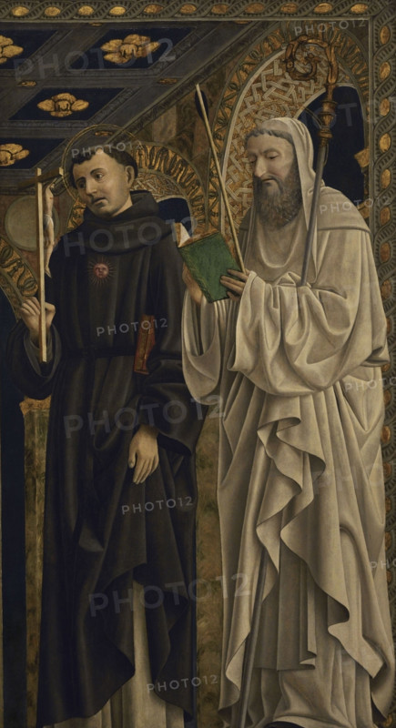 Sts. Egidius (St. Gile) and Nicholas of Tolentino (left). Portrait by a Lombard painter. Tempera on wooden panel, ca. 1500-1510. Pinacoteca Castello Sforzesco, Milan, Italy.