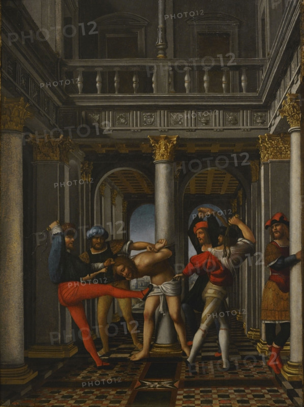 Flagellation, 1515-1520. Painting attributed to one of the collaborators of the circle of Bernardo Zenale (ca. 1460-1526), Italian painter. Oil on wooden panel (80 x 60 cm). Pinacoteca Castello Sforzesco, Milan, Italy.