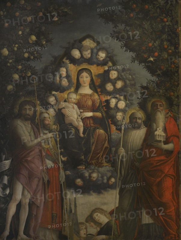 Andrea Mantegna (1431-1506). Italian Renaissance painter. ""Trivulzio Madonna"", 1497. Madonna in glory with Sts. John the Baptist, Gregory the Great, Benedict and Jerome. Tempera on canvas (287 x 214 cm). Pinacoteca Castello Sforzesco, Milan, Italy.